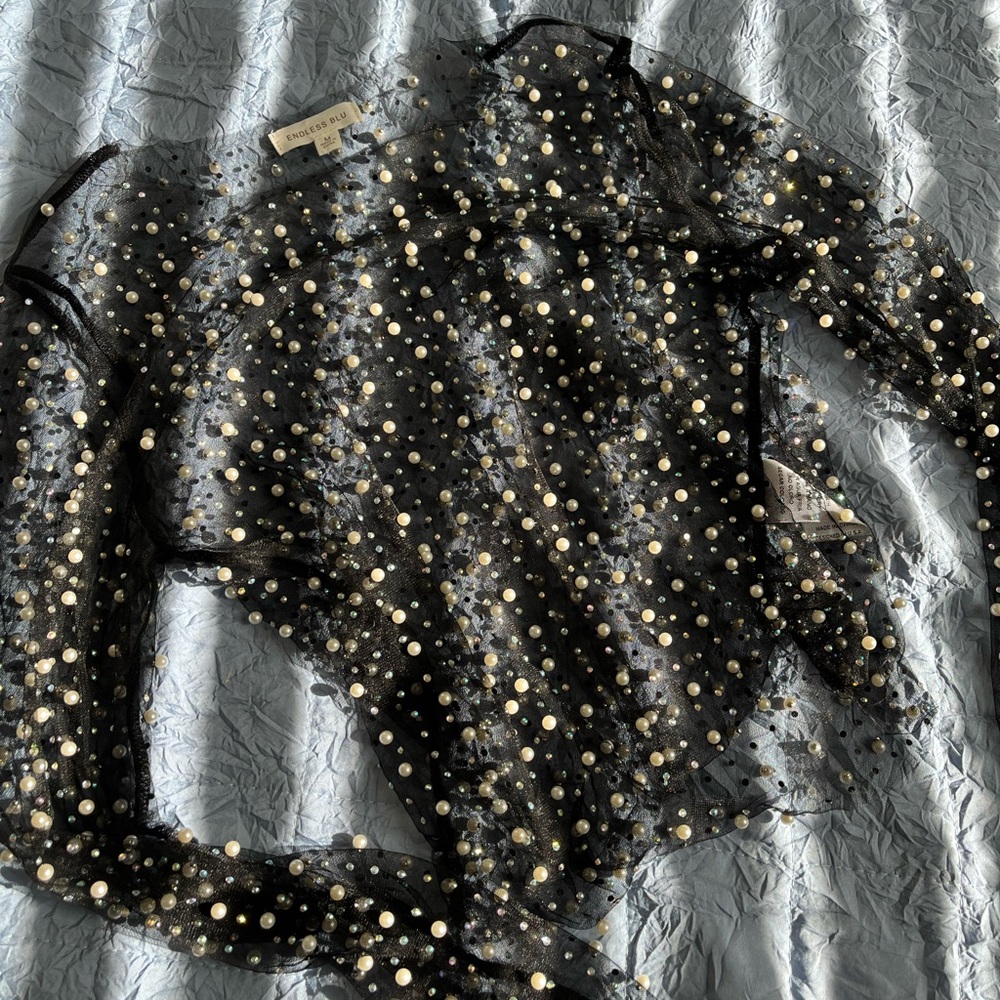 Black Sheer Top with pearls and rhinestones